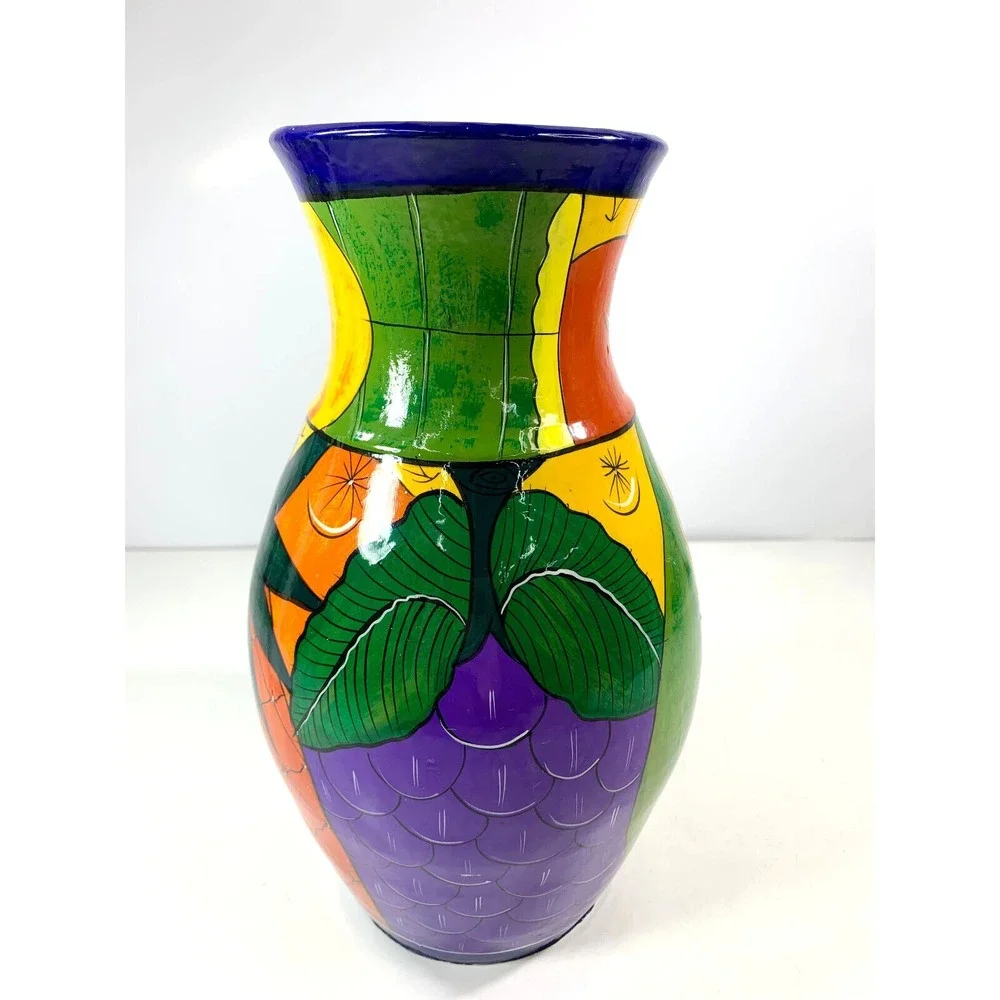 Hand Painted Mexican Pottery Vase  Folk Art Fruit Design Multi - Tropical Color‎